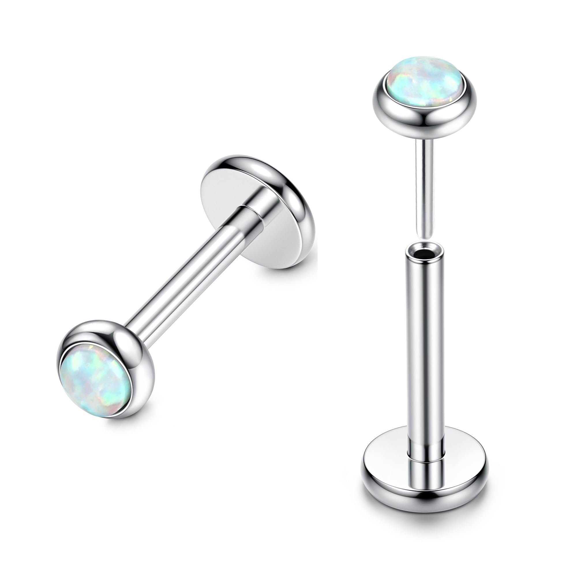BESTEEL G23 Titanium Tragus Cartilage Earrings Stud 16G 20G Threadless Push in Nose Stud Opal Flat Back Earrings Zircon Nose Labret Lip Bar Piercing Silver Medusa Tragus Helix Piercing Jewellery