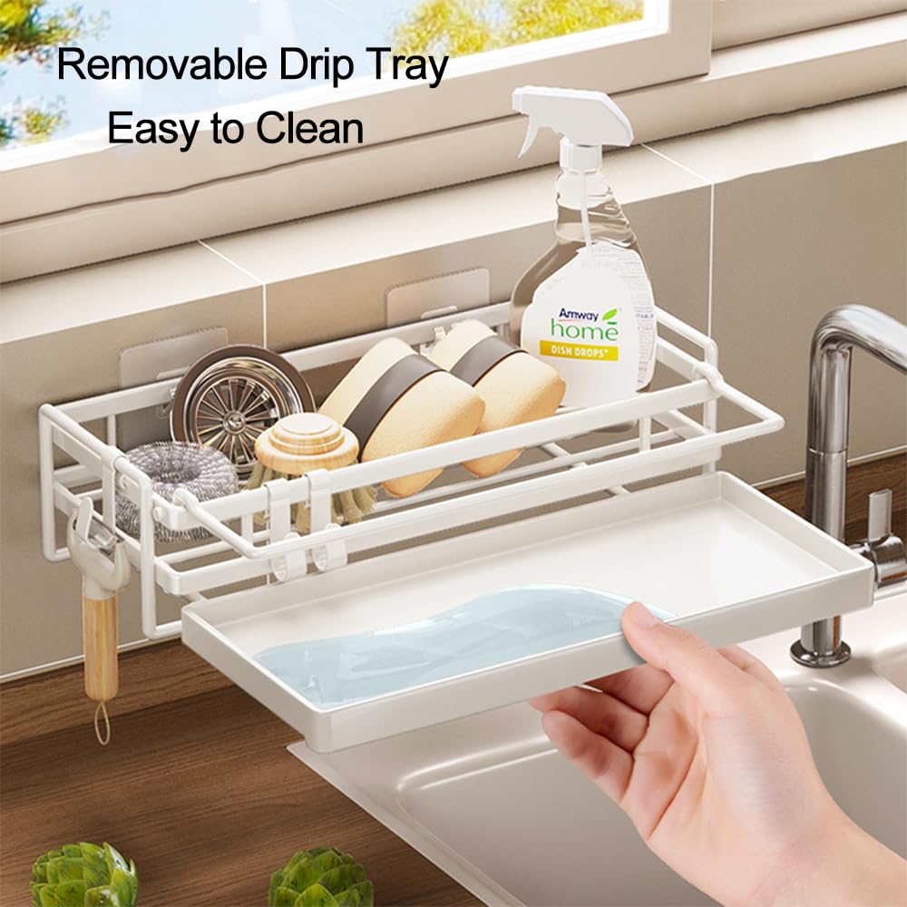 Organiseur D'évier De Cuisine, Porte-éponge Avec Plateau De Vidange Amovible, Cloisons Et Porte