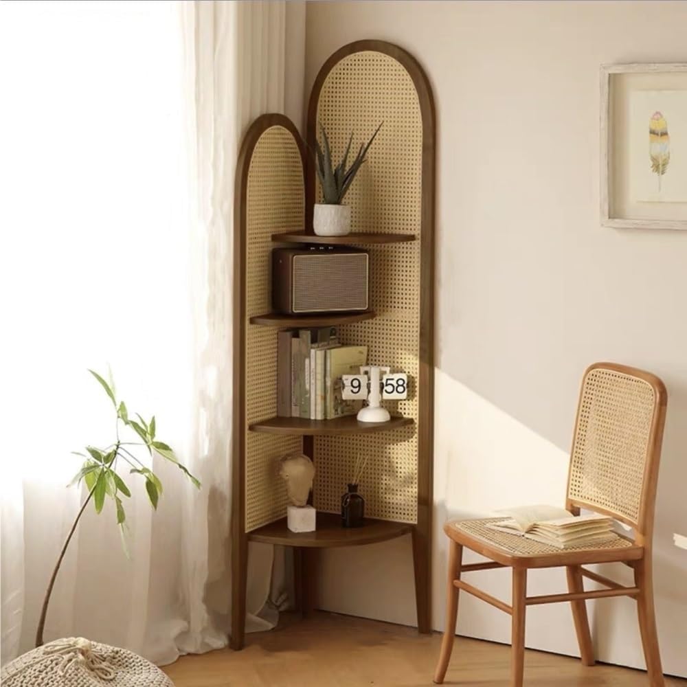 Multi-Functional Corner Shelf with Rattan Weaving, 4-Tier Floor Standing Bookshelf, Freestanding Storage Shelf for Living Room, Bedroom, and More(Beige)