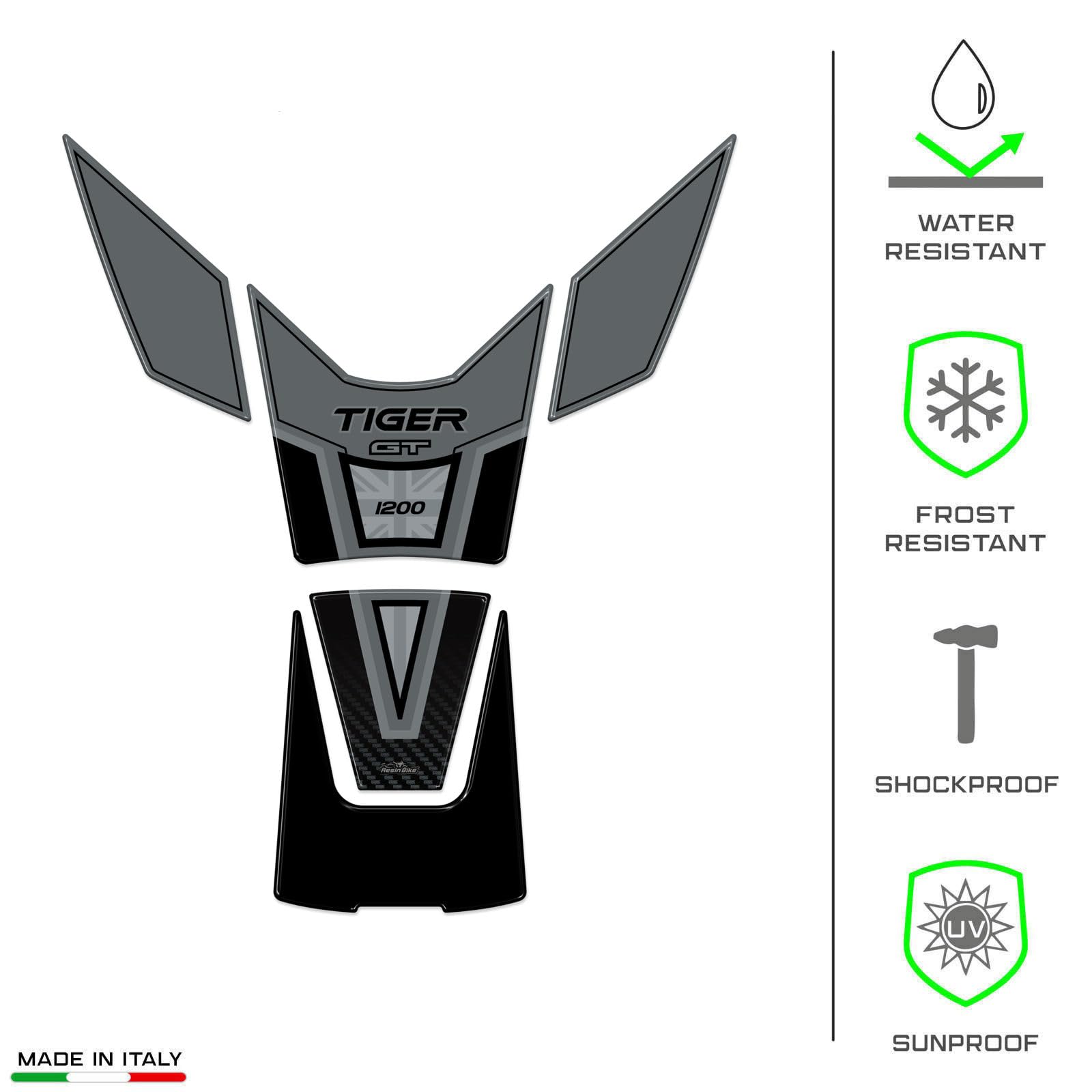 Resin Bike naklejki moto kompatybilne z Triumph Tiger 1200 GT Pro 2022-2024. Ochrona zbiornika paliwa przed uderzeniami i zarysowaniami. Naklejki żywiczne z efektem 3D, wykonane we Włoszech
