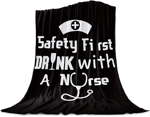 Manta de franela suave y mullida de 40 x 50 pulgadas, gorro de enfermera, bebida con una enfermera, color negro, acogedora y ligera, manta de cama