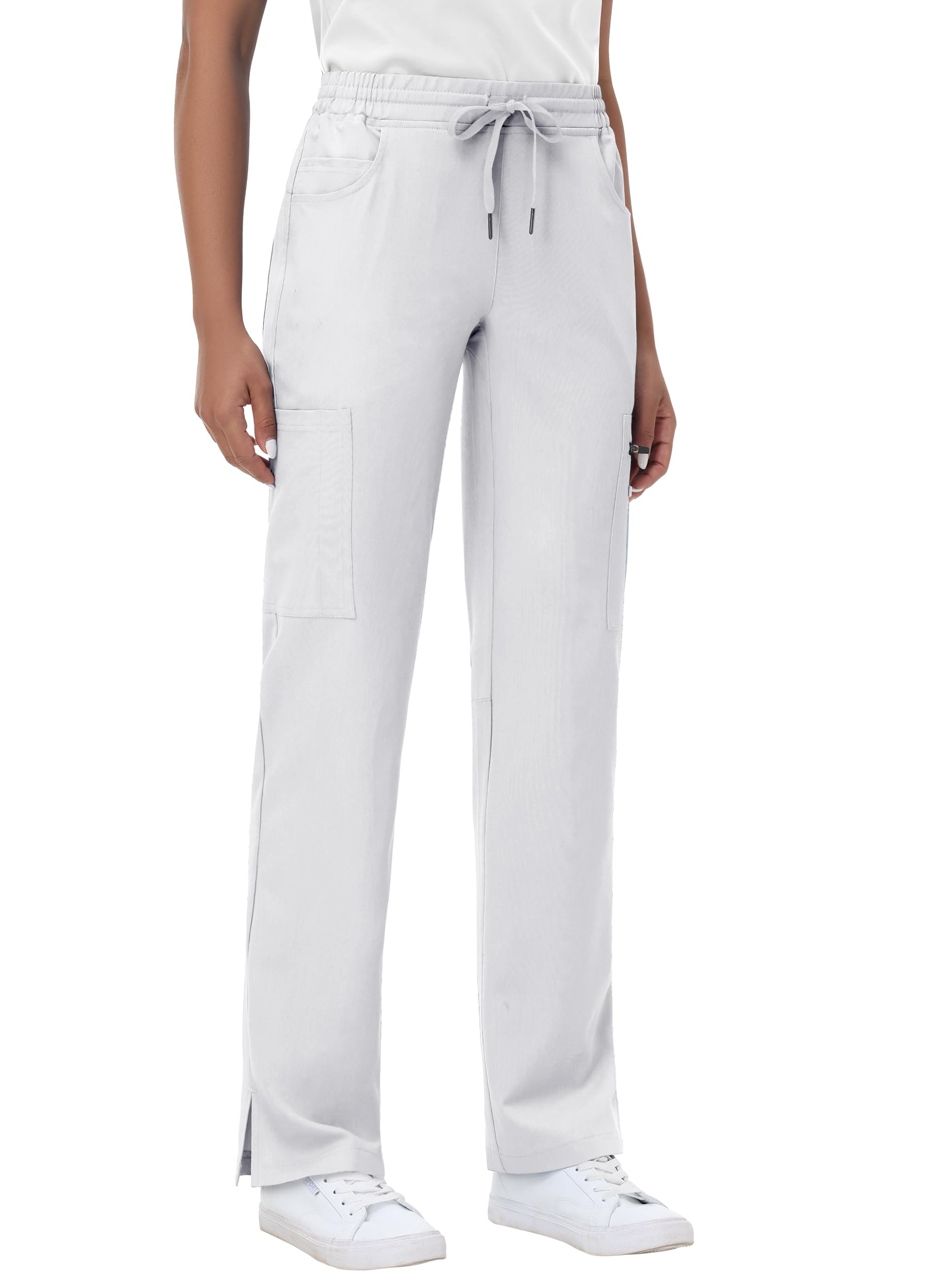 Straight Leg Scrub Pants for Women with 8 Pockets High Rise Modern Classic Fit Cargo Scrub Bottom Flare Drawstring