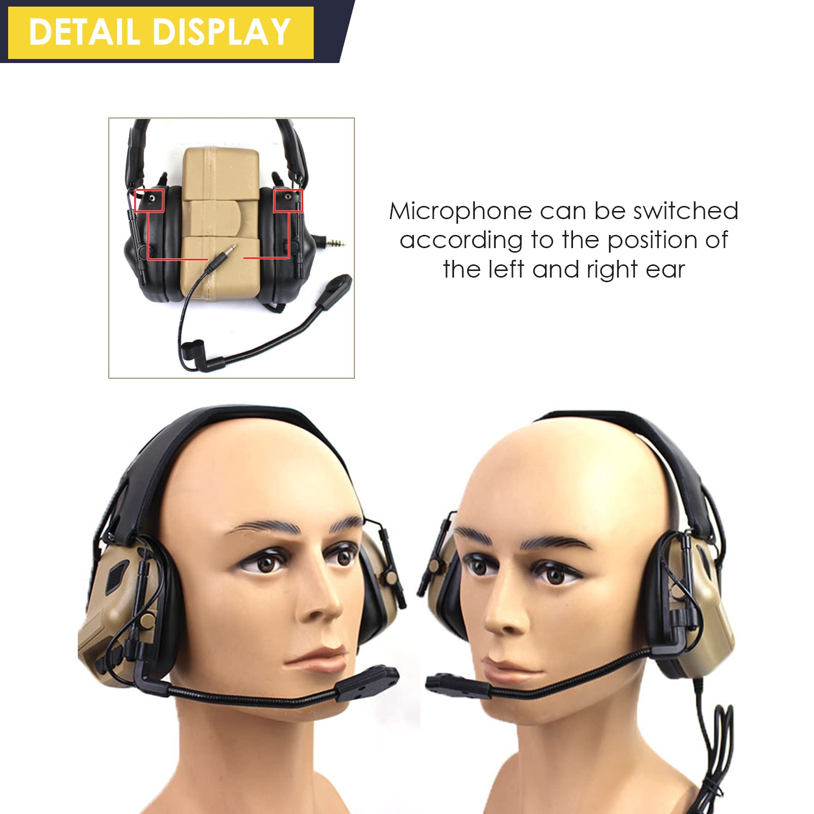 Yunseity Militär-Headset, Einziehbare Gaming-Jagdkopfhörer mit Mikrofon, ohne Geräuschunterdrückungsfunktion, für Militärfunk-Walkie-Talkie