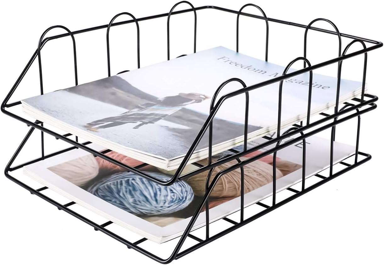 EasyPAG 2 Tier A4 Metal in Trays Stackable Office Desk Tidy File Holder Magazine Storage Paper Organiser,Black