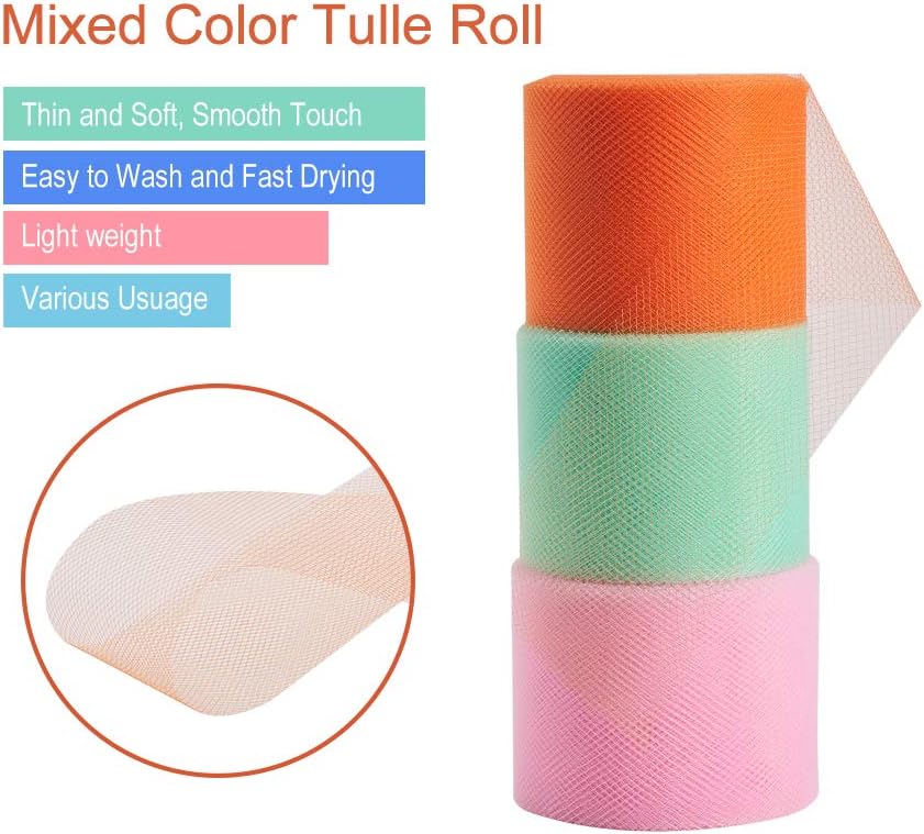 BENECREAT 12 Roll 300 Yards/900FT Rainbow Tulle Fabric Rolls Netting Fabric 2" by 25 Yard Spool for Wedding Party Decoration, DIY Craft, Veil Sewing, Mother's Day Gift Packaging