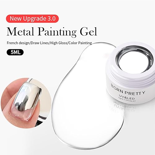 Miniatura 7 de Born Pretty Esmalte de uñas de gel de pintura metálica en gel pintado plateado 3D Pintura de metal en gel de dibujo de espejo esmalte de uñas
