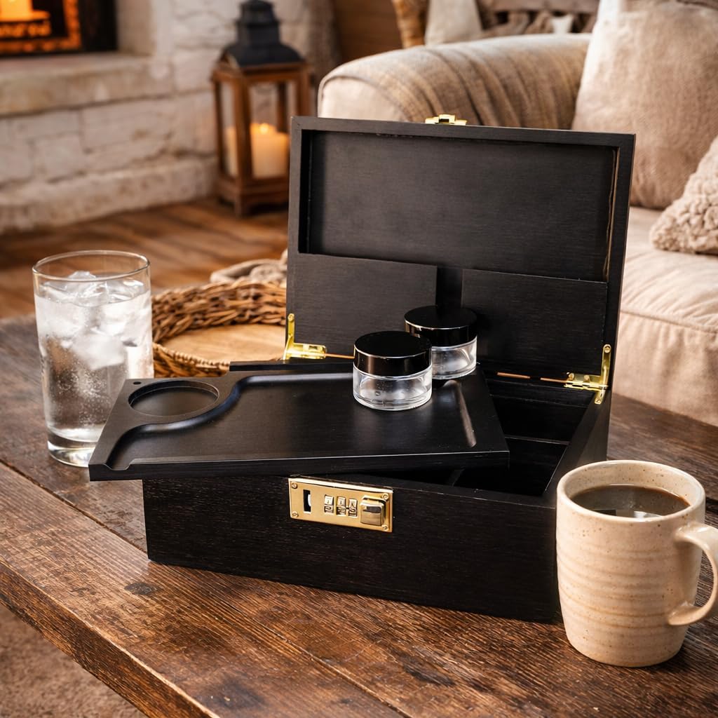 Kit de caja de madera con molinillo, bolsa a prueba de olores, bandeja rodante de madera, tubo, dos recipientes de vidrio y soporte rodante, juego completo de accesorios para fumar