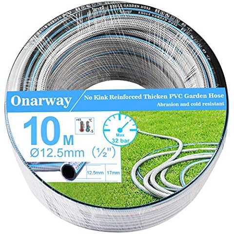 Onarway Standard Garden Hose pipe 1/2” (ID 12.5mm) 10m Length No Kink Reinforced Thicken PVC Garden Hosepipes Cover
