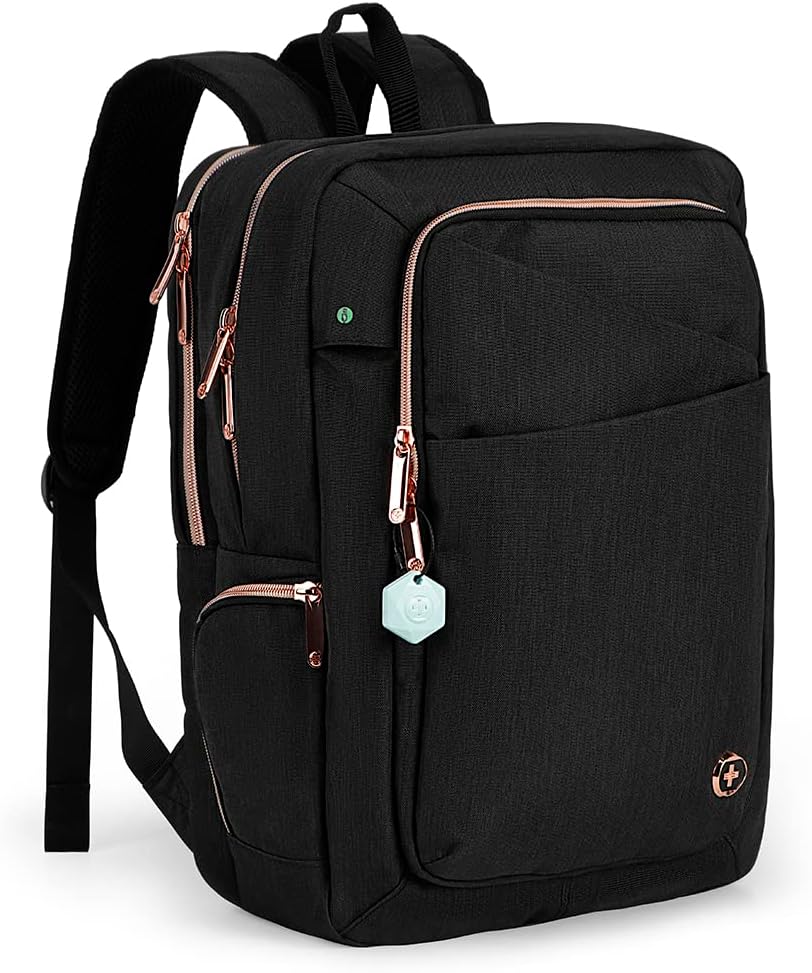 Swissdigital Design Business Backpack For Women with Rose Gold-Tone Zippers College Travel Laptop Backpack with Apple Find My Network,Fits 15.6 inch Laptop,Black-Finder Color Random | SD1006FB0-01