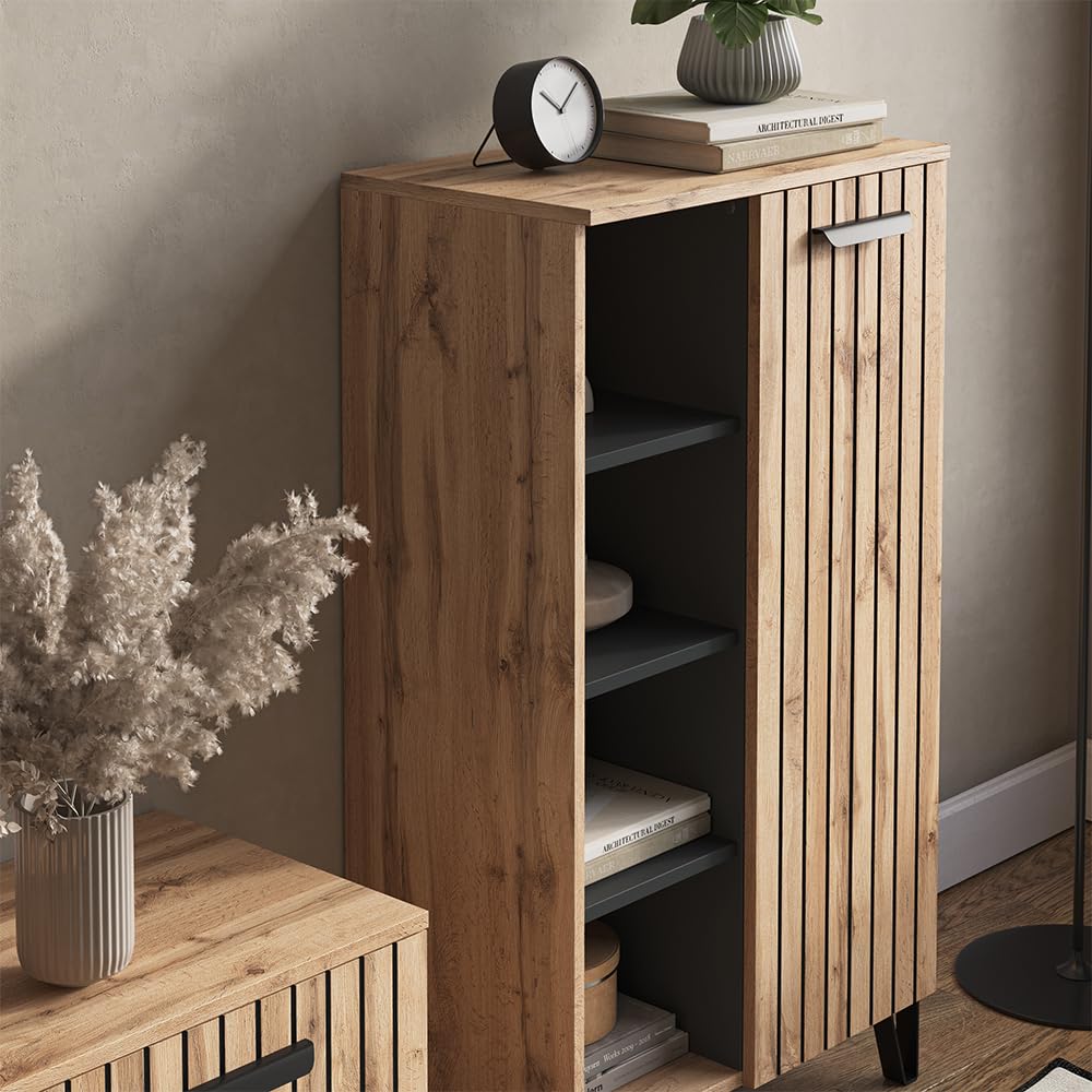 Vicco Aparador Amber, Roble Wotan, 35 x 110 cm | con 1 puerta, con compartimento de almacenamiento adicional