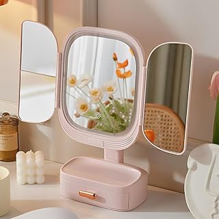 Espelho de Maquiagem Portátil com Iluminação e Ampliação 2x/3x, Dobrável com Gaveta para Joias, Ajuste de Tom de Luz e Toque Sensorial para Penteadeira (Rosa)