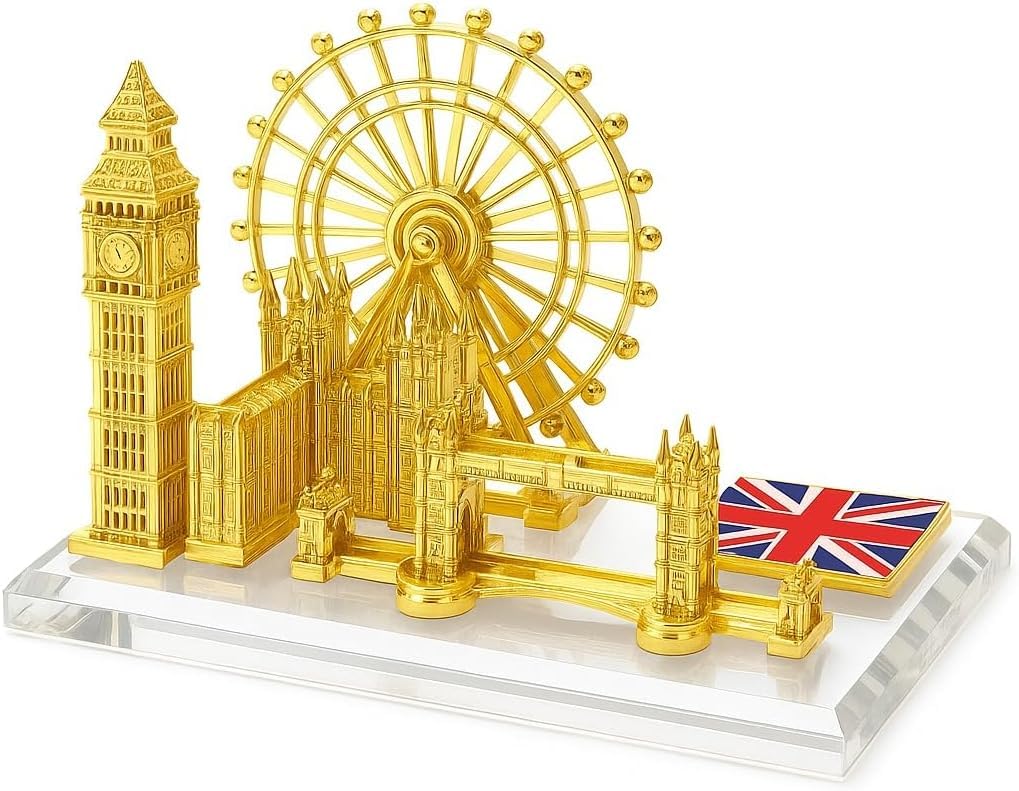 London Landmark Metal Figurine Set – Big Ben, Tower Bridge & London Eye Replica | Gold & Silver Colour | Vintage Home Decor Desktop Statue, Travel Souvenir & Gift for Living Room, Office (Gold)