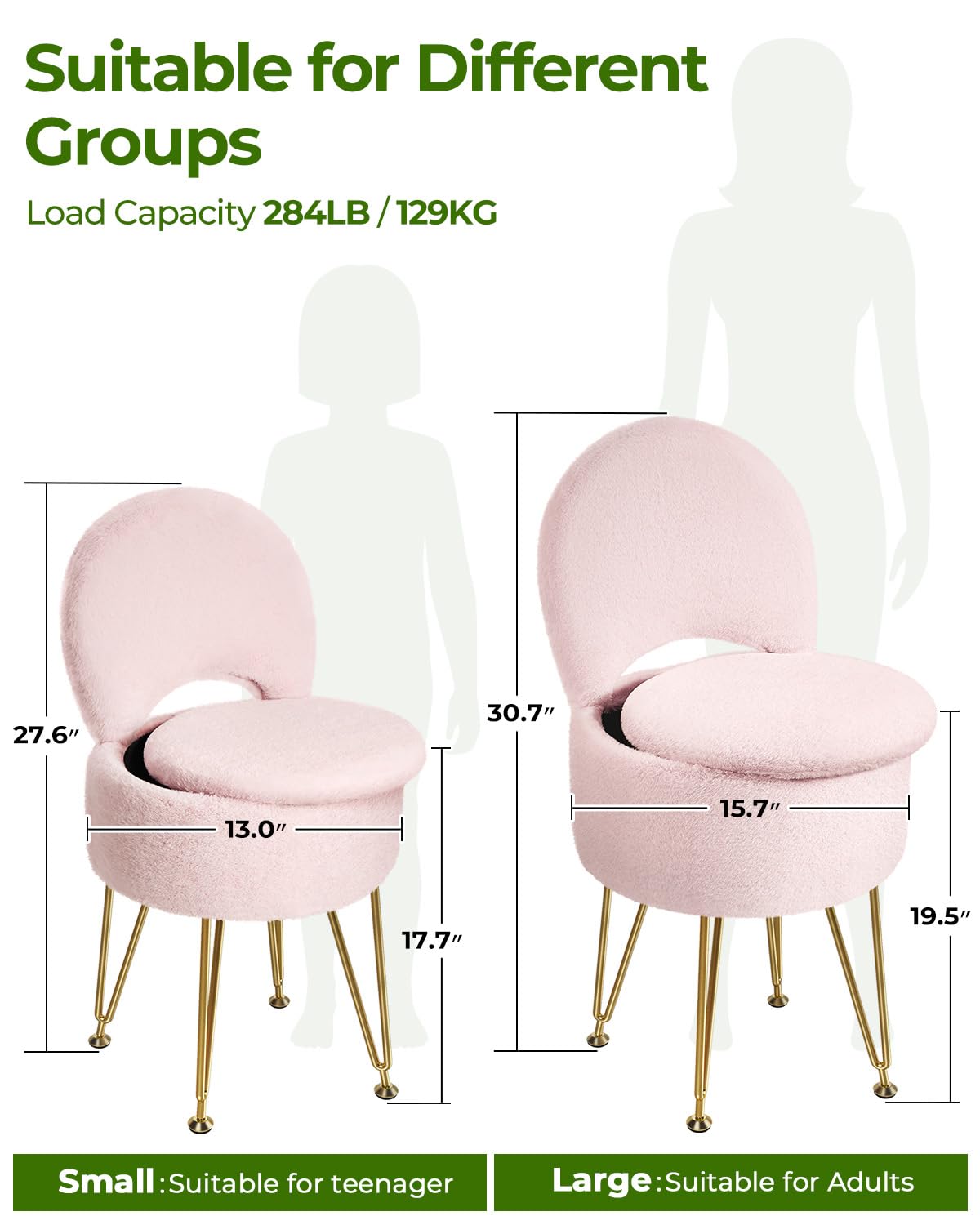 GREENSTELL Small Vanity Stool Chair with Storage and Folding Back, 13