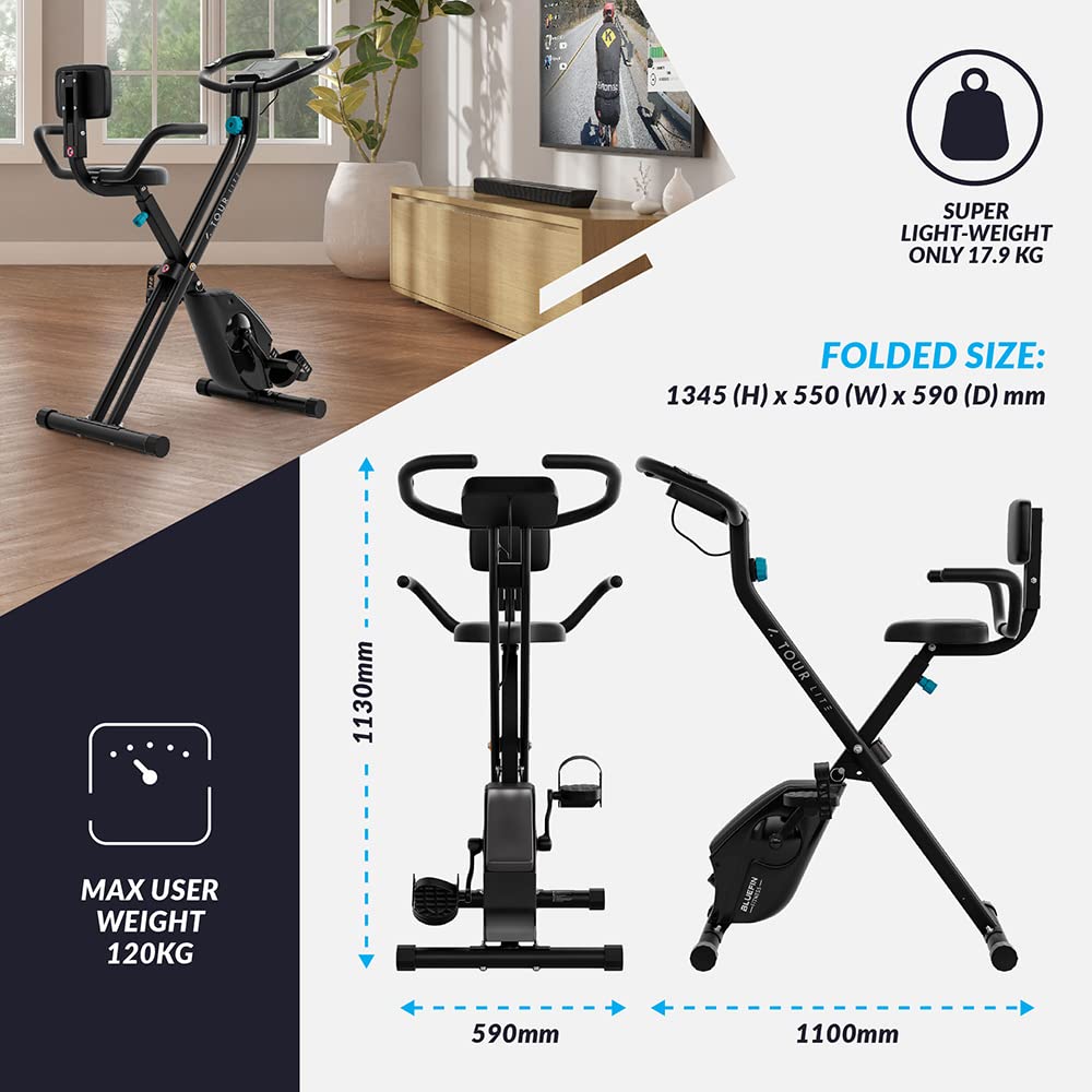 Bluefin Fitness Tour Lite Rower treningowy do użytku domowego, do użytku domowego, kompatybilny z Kinomap, składany rower domowy, konsola, magnetyczny rower treningowy, składany, szary