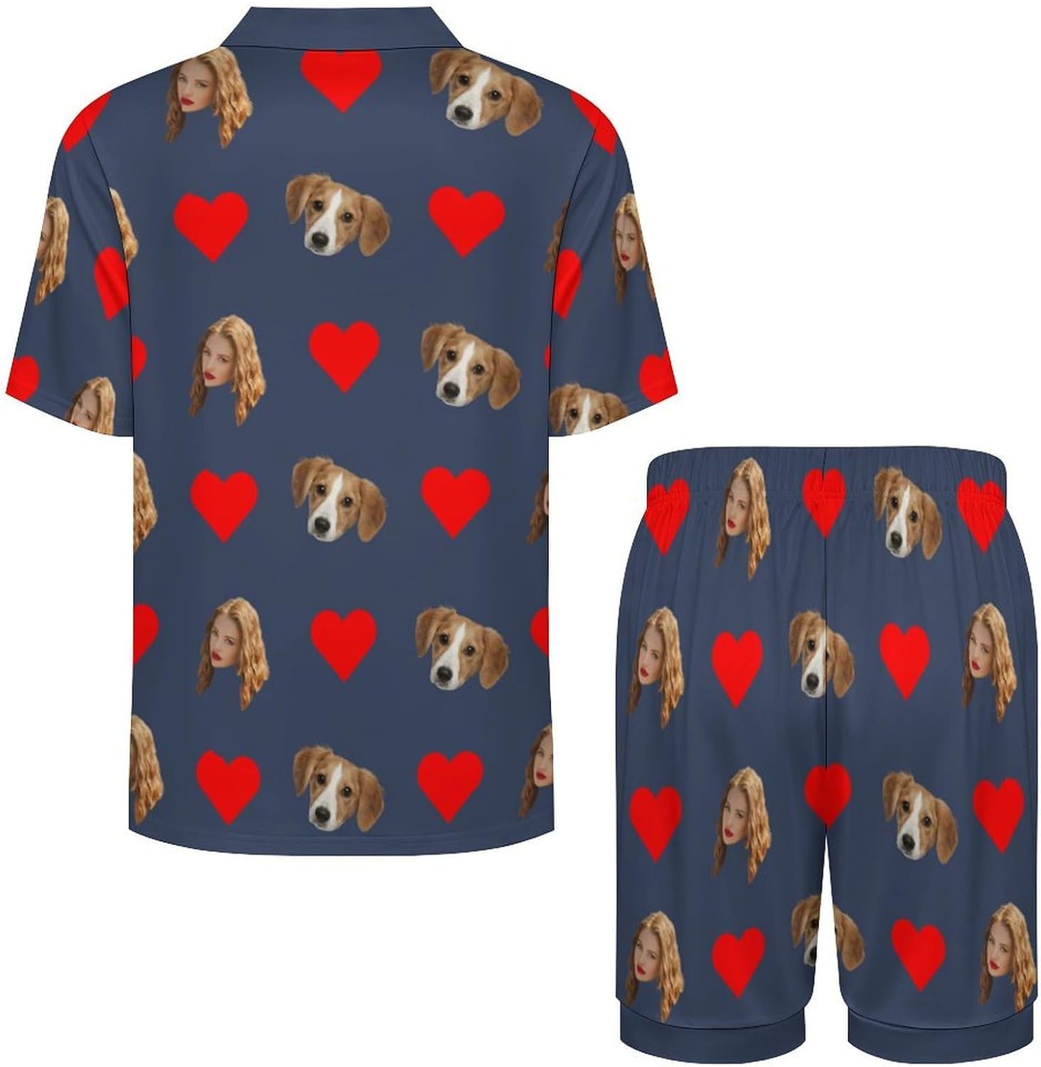 Custom Pet Face Pajama Set for Men Women, Personalized Funny Dog Cat Photo PJs, Button Down Short Sleeve Sleepwear