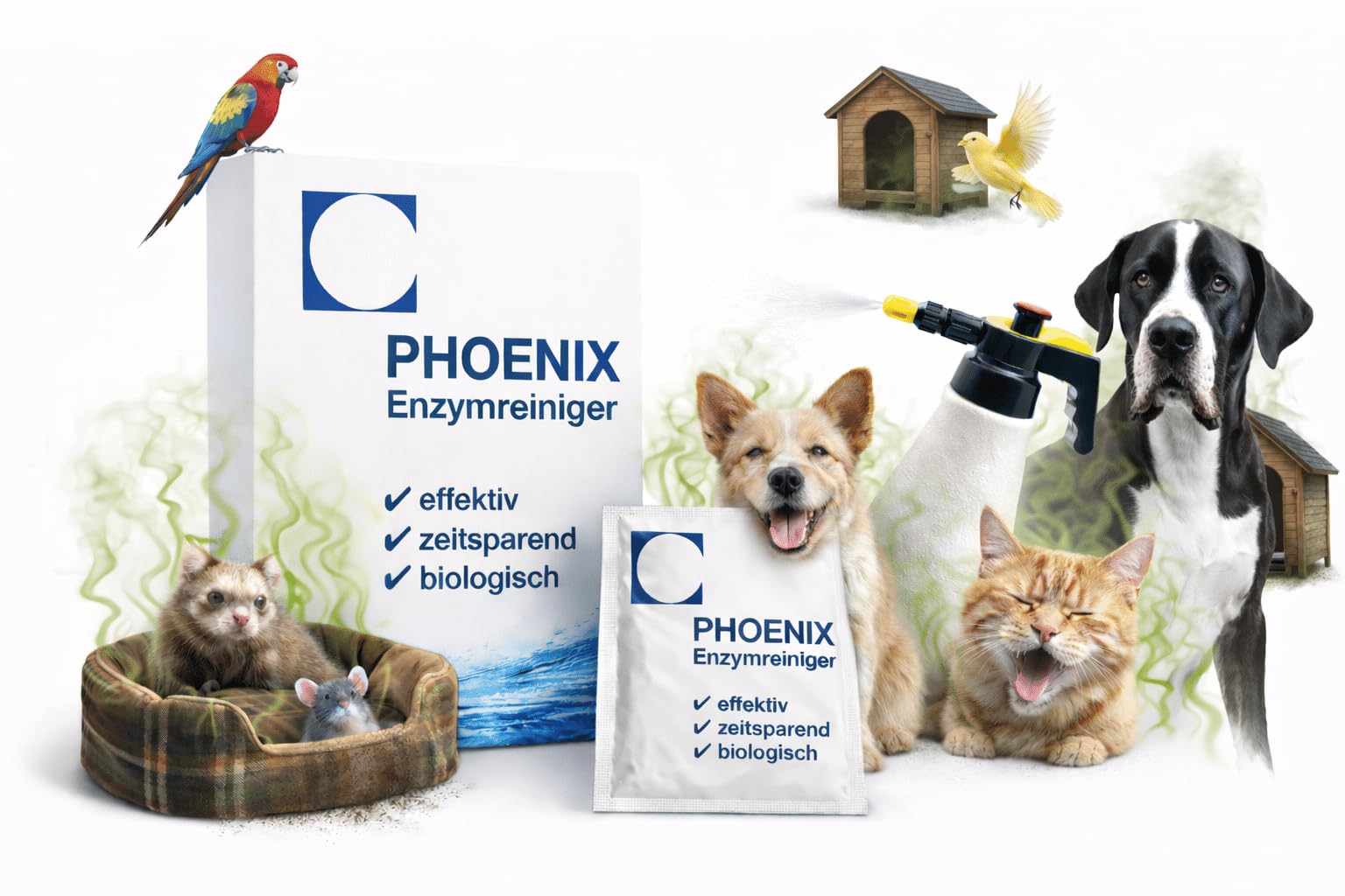 Tiergeruch Entferner 250g Hundegeruch Katzengeruch Tierurin Hundeurin Katzenurin Erbrochenes Kot Flecken Tierhaare Hundebett Kratzbaum Kleintierkäfig Reviermarkierung | PHOENIX Enzymreiniger
