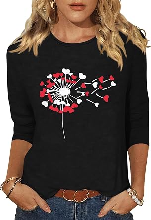 Woffccrd Womens 3/4 Sleeve Crew Neck T-Shirts Valentinas Day Spring Shirts Love Heart Printed Graphic Tees