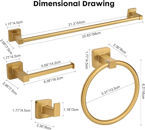 Miniatura 8 de Juego de 5 accesorios de baño de oro cepillado, juego de barra de toalla de mano de acero inoxidable de 23.6 pulgadas, soporte de papel higiénico,