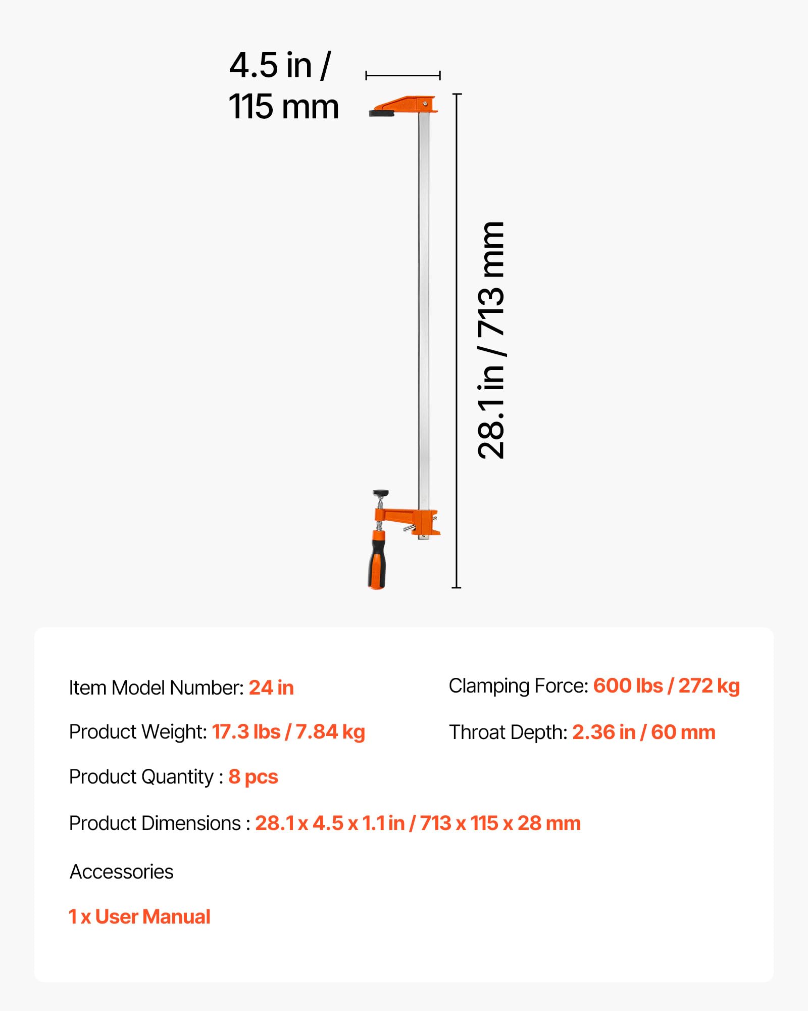 VEVOR Morsetti a Barra per Legno, Morsetti a F Apertura 60,96 cm, Portata 272 kg, 8 Pezzi, con Cuscinetto in Plastica e Sistema Bloccaggio Automatico, in Ghisa e Acciaio al Carbonio, per Artigianato