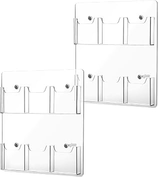 Eersida 2 Pack Acrylic Brochure Pamphlet Holder Wall Mount Clear Brochure Display Holder Plastic Trifold Flyer Rack Literature Storage Rack for Offices Waiting Room 6 Pockets, 15 x 13 Inch