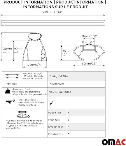 Miniatura 3 de Barras transversales para el techo con cerradura para equipaje de coche de techo liso  Barras de techo de aluminio plateado  Accesorios exteriores