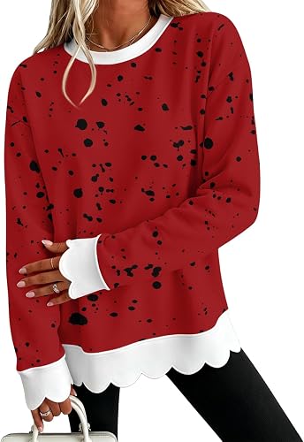 Sweatshirt Scalloped Hem Oversized Womens Polka Dot Crewneck Sweatshirt