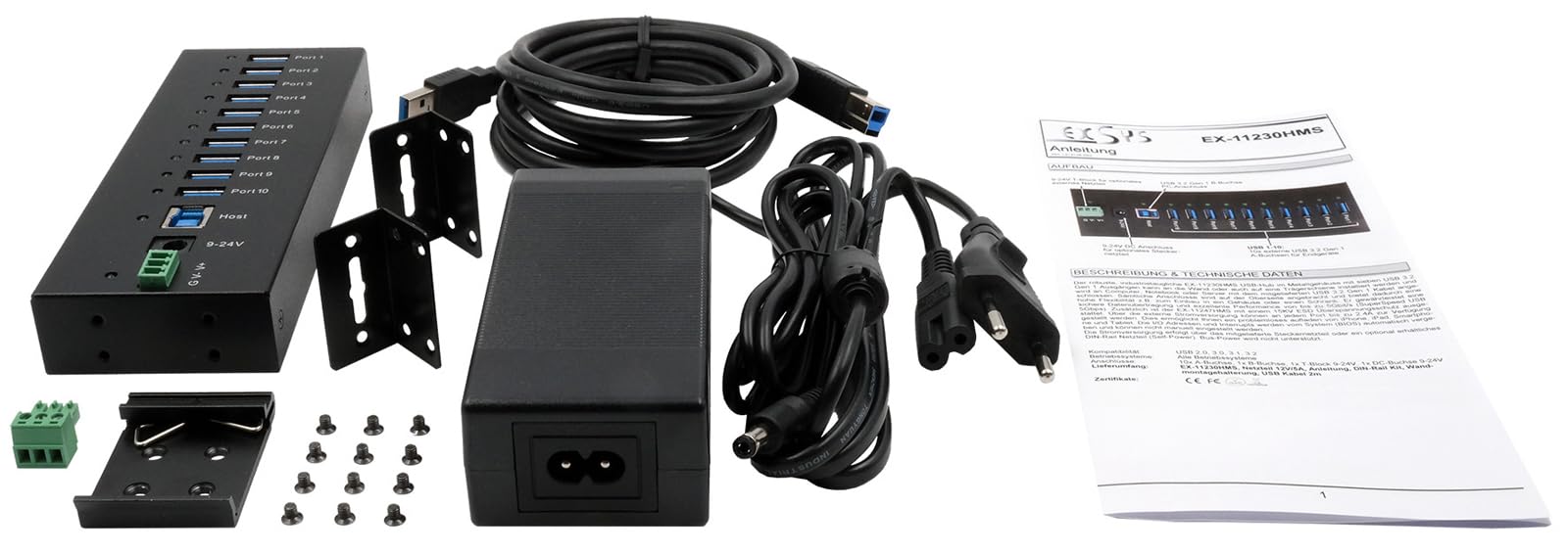 EX-11230HMS 10 Port USB 3.2 Gen 1 HUB Din-Rail Kit und Wand VIA VL811+ Chipset