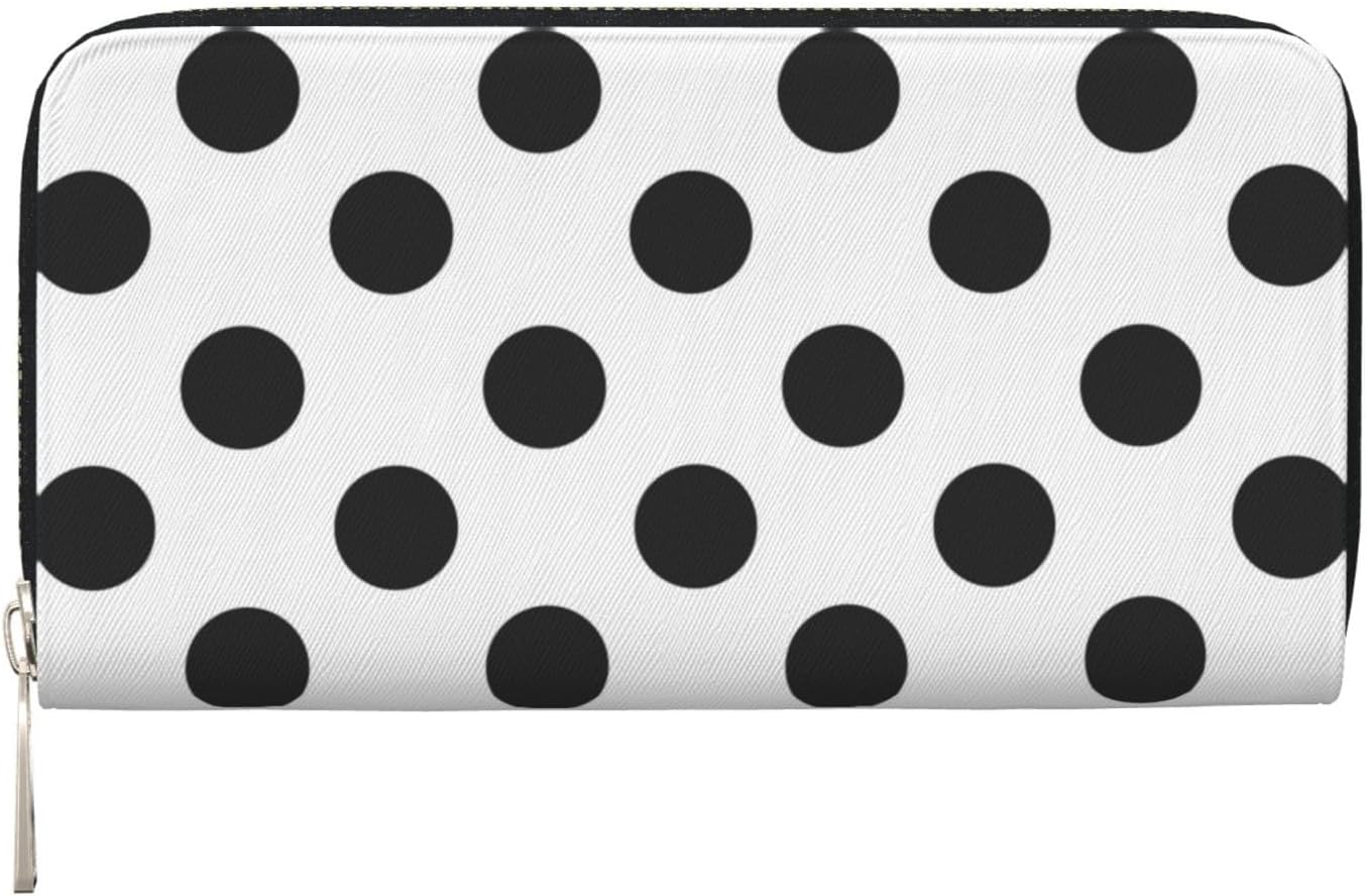 Polka Dot Black White Wallet for Men Women Elegant Long Clutch Zip Around Travel Leather Coin Purse Large Capacity Credit Card Holder Handbag