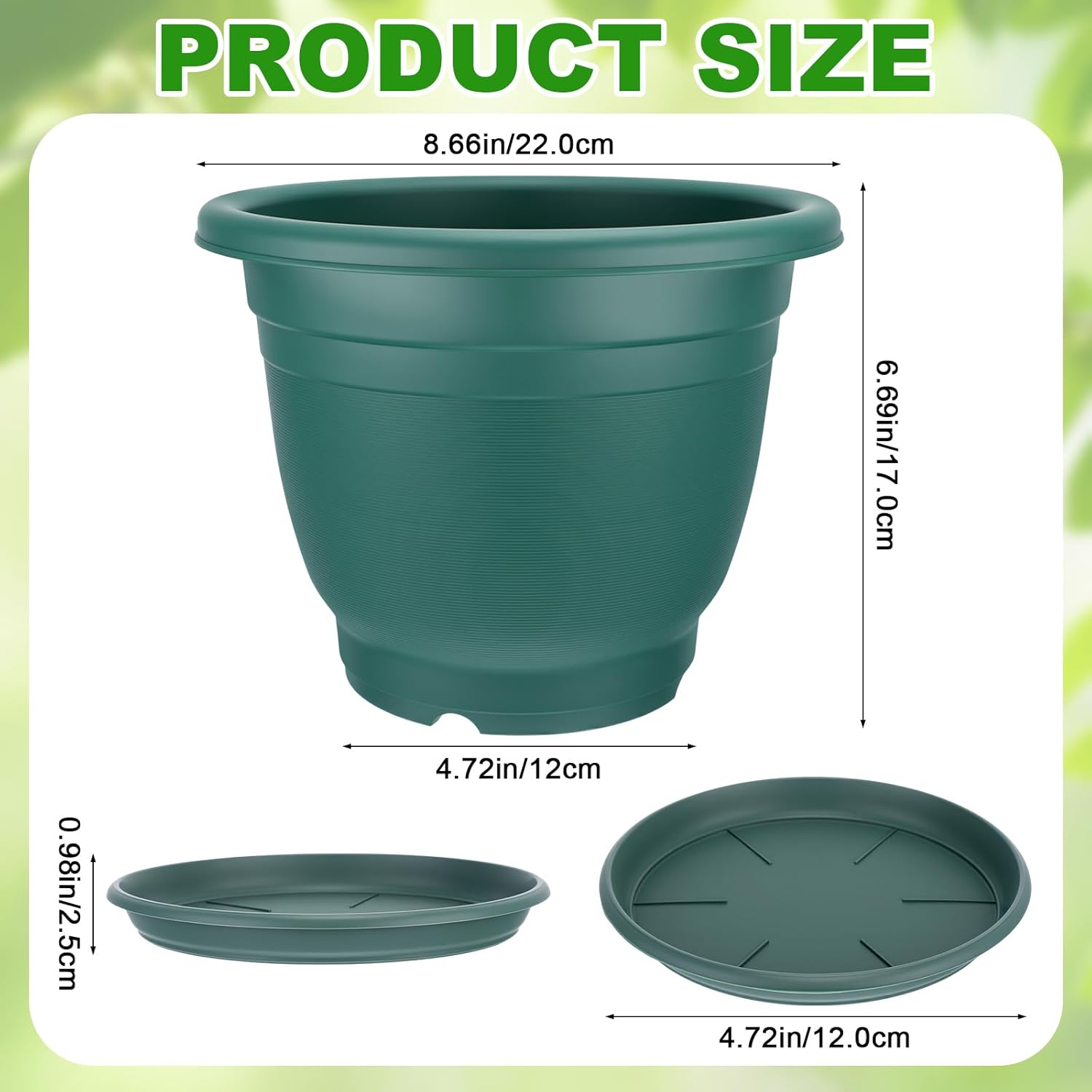12 Pcs 8+'' Plastic Plant Pots Round Planter Pots with Saucer Tray Seedling Pot Hole Seed Resin Plant Pot Starting Nursery Flower Container with Pallet for Garden Outdoor Indoor (Green)