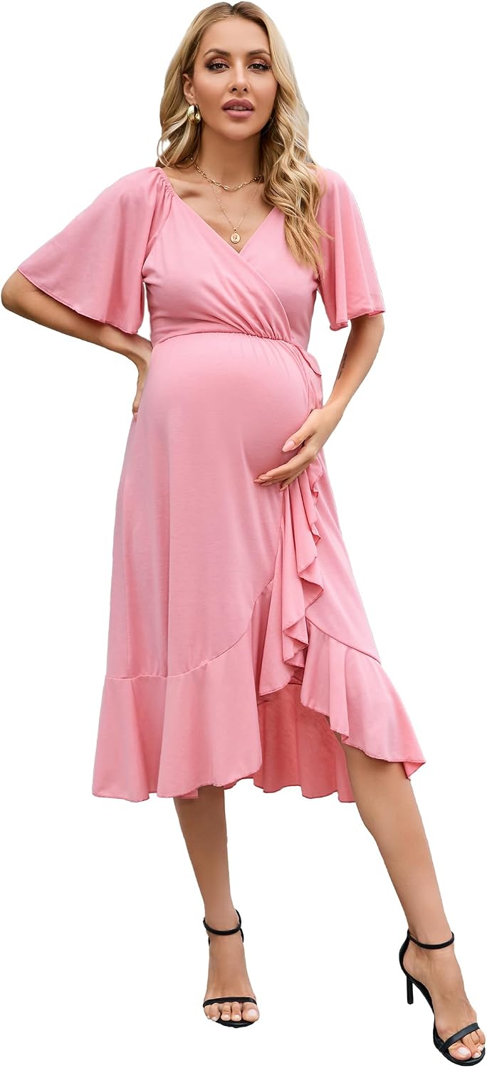 Women's Maternity Dress Women's V-Neck Puff Sleeve Pleated Maternity Maxi Dress for Baby Shower