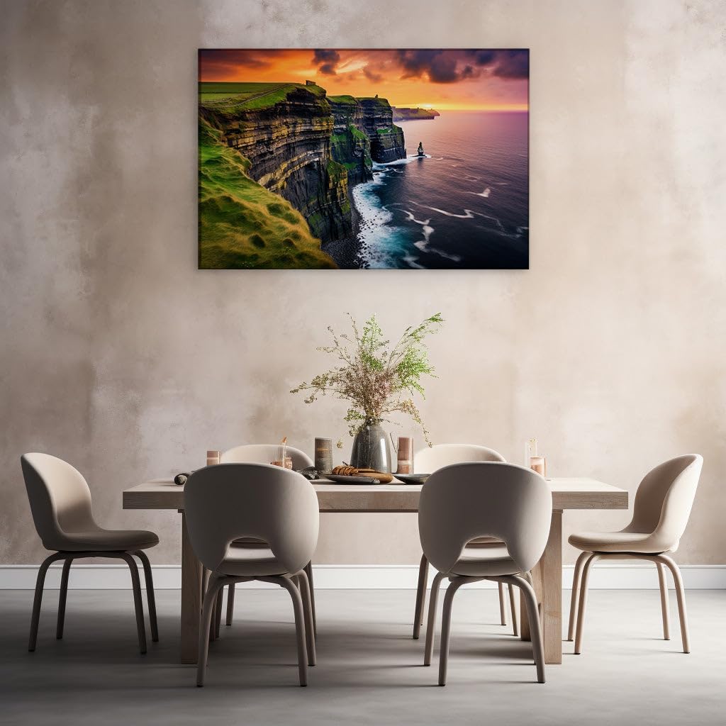 Canvas for Living room. Sunset Majesty at the Cliffs of Moher - A Lighthouse's Silent Watch Over Sea and Sky, 27 x 18 inch Canvas Wall Art - Surrealistic Visions - Modern Home Decor