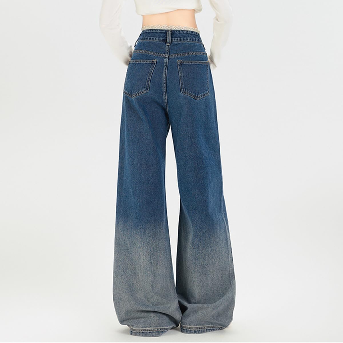Women's Fashion High Waisted Straight Leg Jeans Y2K Cute Lace Casual Gradual Sticking Drill Denim Pants - Image 6