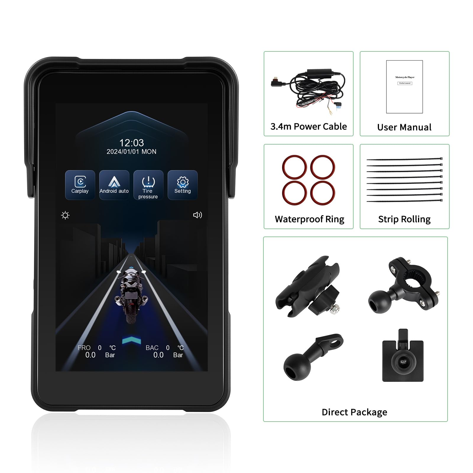 SIXTOP Écran CarPlay Moto avec GPS, CarPlay et Android Auto sans Fil, Portable GPS Navi pour Moto, Étanche IP68, 5 Pouces Écran Tactile avec Bluetooth