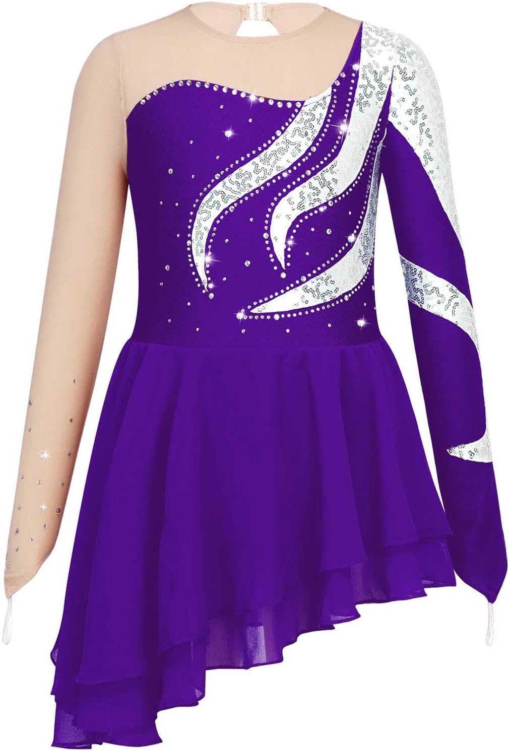 Girls Sequin Rhinestone Mesh Long Sleeve Irregular Hem Ballet Dress Lyrical Skating Dance Dress Dancewear
