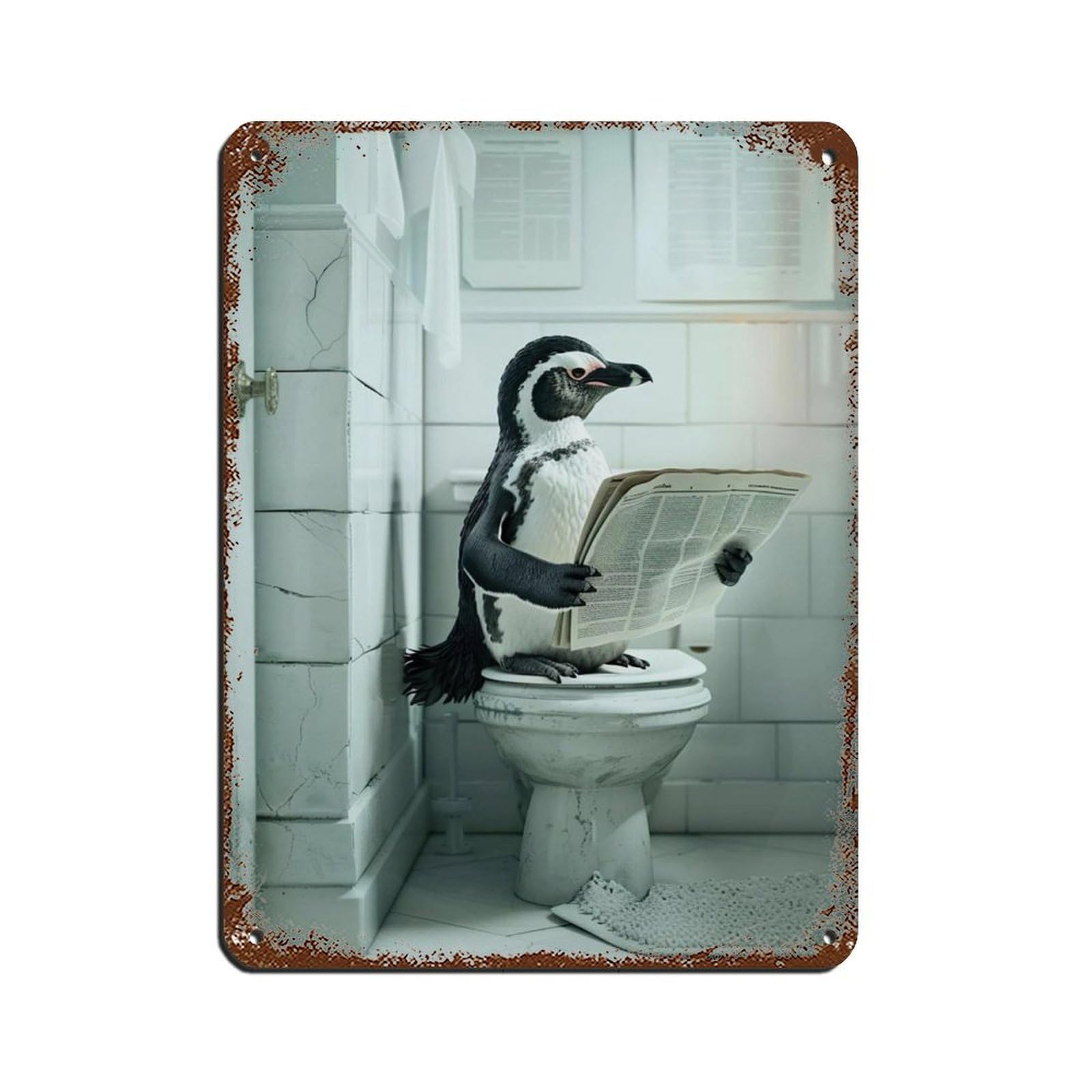 Penguin Sitting on The Toilet Reading A Newspaper (2) Tin Sign Vintage Metal Pub Club Cafe Bar Home Wall Art Decoration Poster Retro 12x16inch(30x40cm)