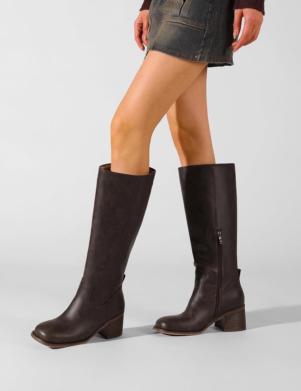 Knee High Boots for Women Square Toe Chunky Block Heel Casual Campus Tall Boots Vintage Western Stitching Style Comfortable Wide Calf Boots for Women