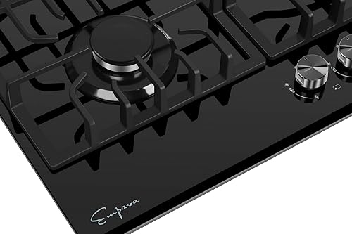 Miniatura 5 de Empava Cocina de gas de 30 pulgadas, 5 quemadores sellados Sabaf Italia NGLPG convertibles en vidrio templado negro, 30 pulgadas