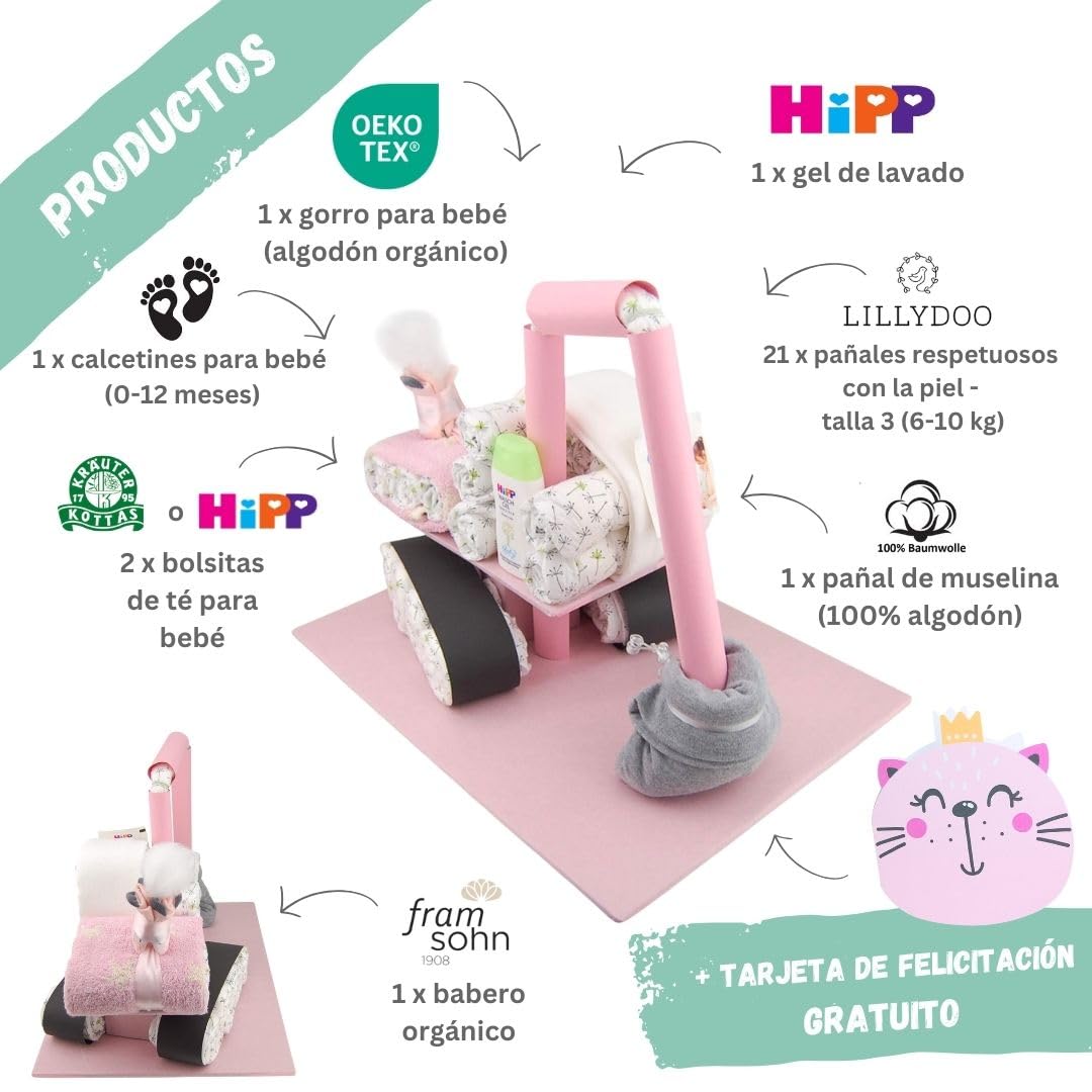 Pastel de pañales ® Excavadora con calcetines para bebé [vehículo de construcción] - Regalo para nacimiento - Fiesta del bebé - Obsequio - Paño para eructos - Baberos para bebé