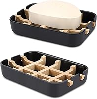 Fufengz Black Bamboo Soap Dish with Drainage - Shower Bathroom Sink Bar Soap Holder Tray, Easy Clean Wooden Stand (1 Pack)