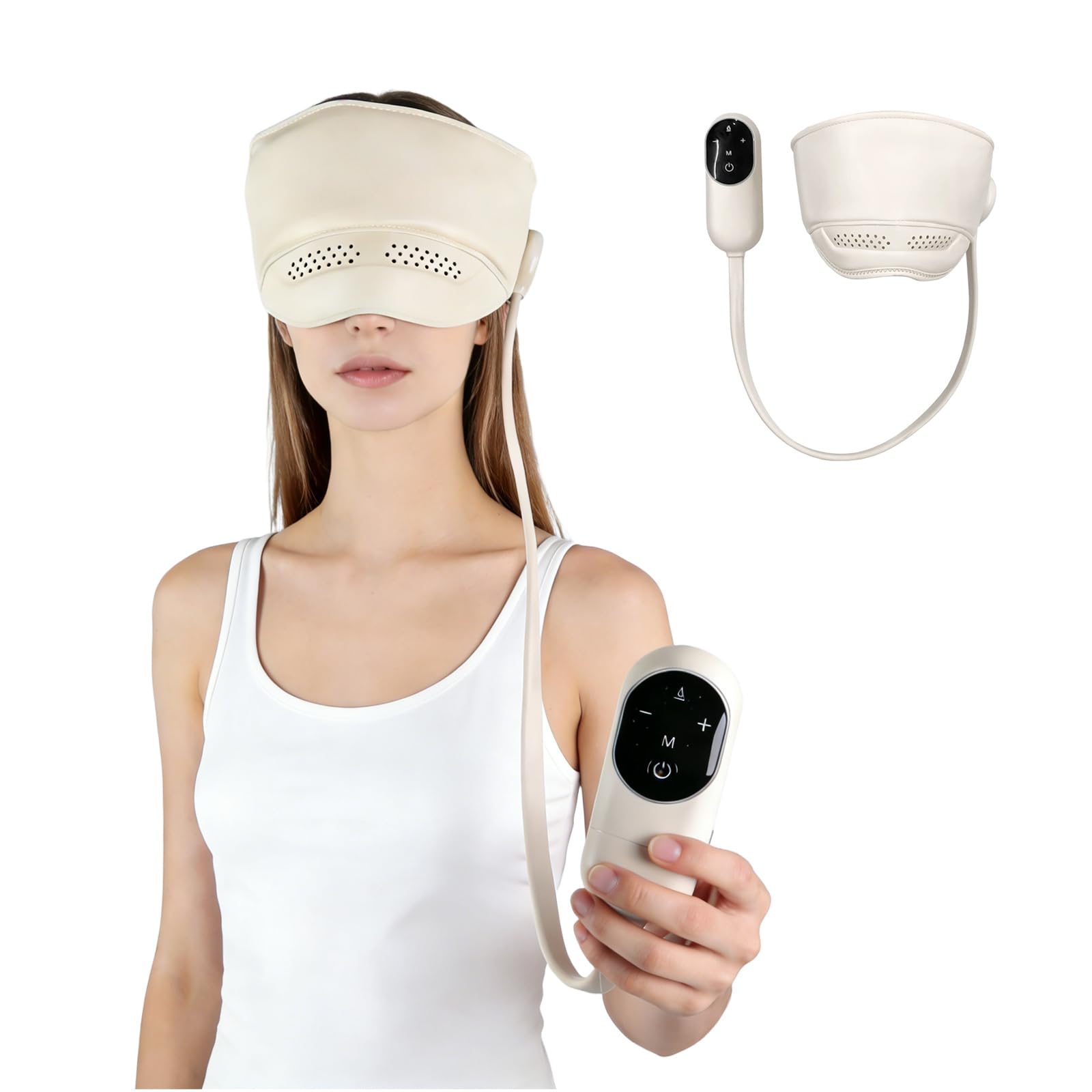Masajeador de cabeza, cuero cabelludo, masajeador de ojos, gorro eléctrico de alivio de migraña con compresión y masajeador de ojos con calor, 4 modos de presión de aire, 3 niveles de calefacción