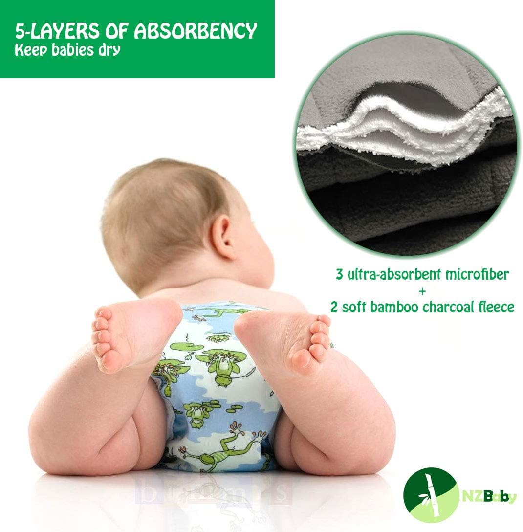 NZ Baby Charcoal Bamboo Inserts - Cloth Diaper Liners, 5-Layer Inserts, Reusable Washable Liners for Baby Cloth Diapers 3 pcs with Waterproof Diaper Bag : Baby