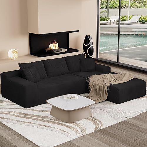 96" L Shaped Modular Sectional Sofa, Boneless Cloud Couch with Deep Seat Chaise, Compressed Memory Foam Corduroy Sofa, No Assembly, 3 Seater Couch for Living Room, Apartment, Bedroom, Black | Cloud-Like Comfort, 96" L-Shape Sofa, Deep Seat Chaise, Soft Corduroy, No Assembly