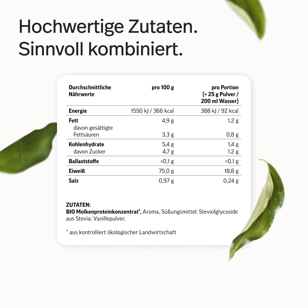 edubily® Whey Protein Konzentrat - Aus Milch von Kühen mit Weidezugang - Ohne Zucker & mit Stevia gesüßt - Optimale Löslichkeit - Made in Germany (750 g, Vanille)