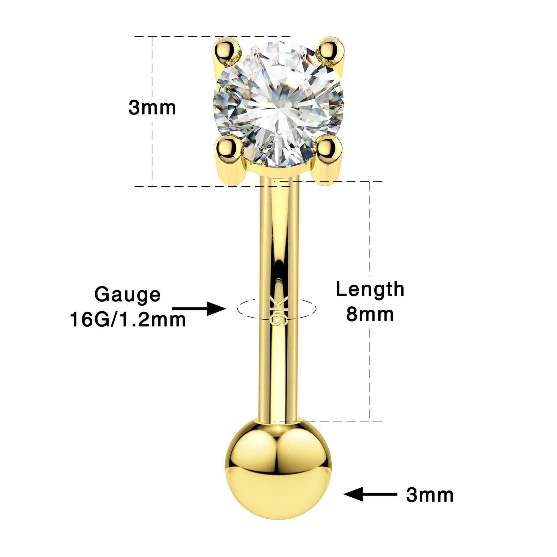 OUFER Piercing de oro real de 9 quilates con forma de corazón de 16 g, barra de cejas, hélice, caracola, circonita cúbica, cartílago, pequeña barra curvada, labret, plátano, tragus, mujeres y hombres
