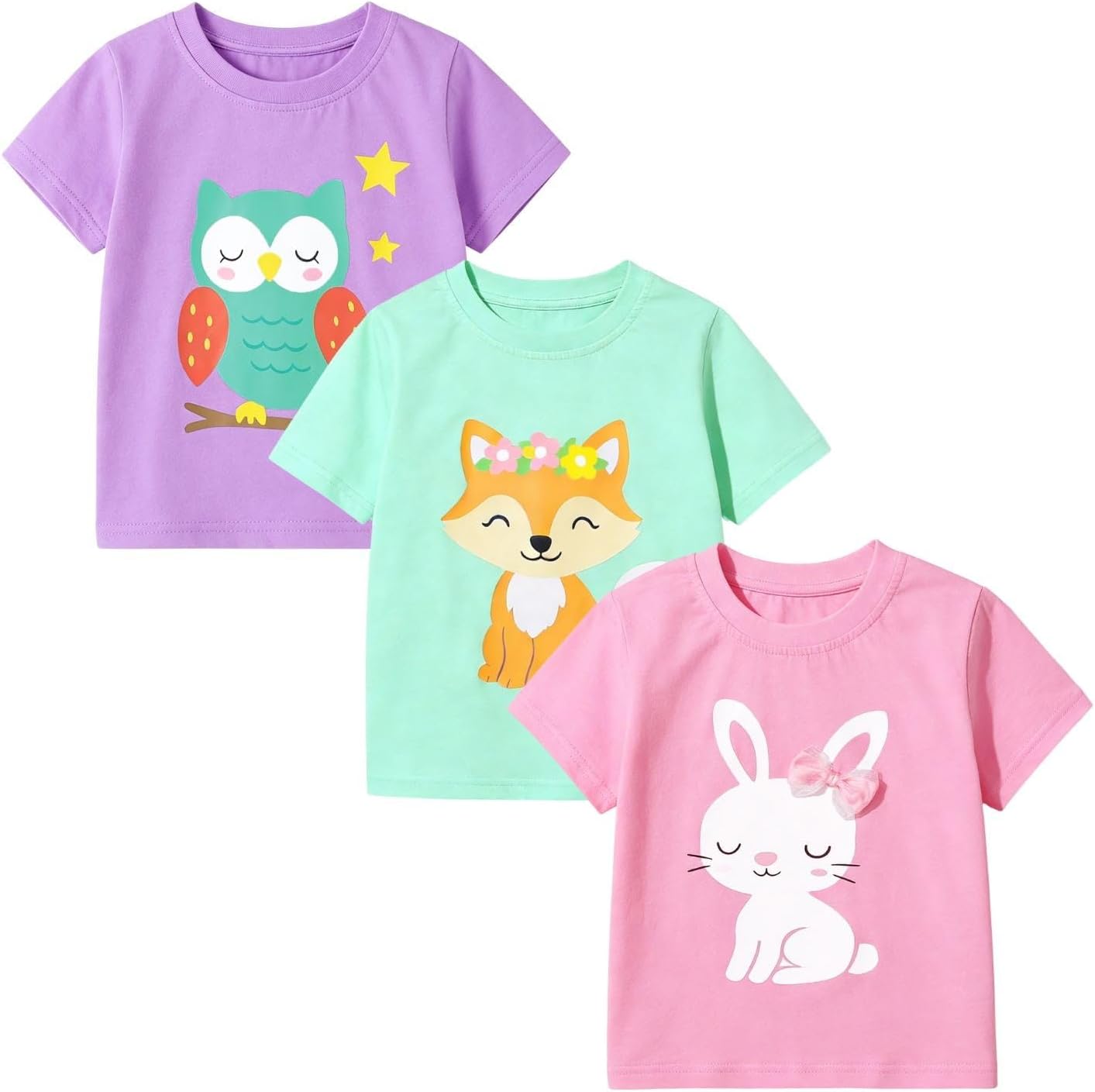 HILEELANG Toddler Girls Graphic T Shirts 3 Pack 100% Cotton Cute Spring Summer Short Sleeve Tees Soft Breathable Tops 2-7T