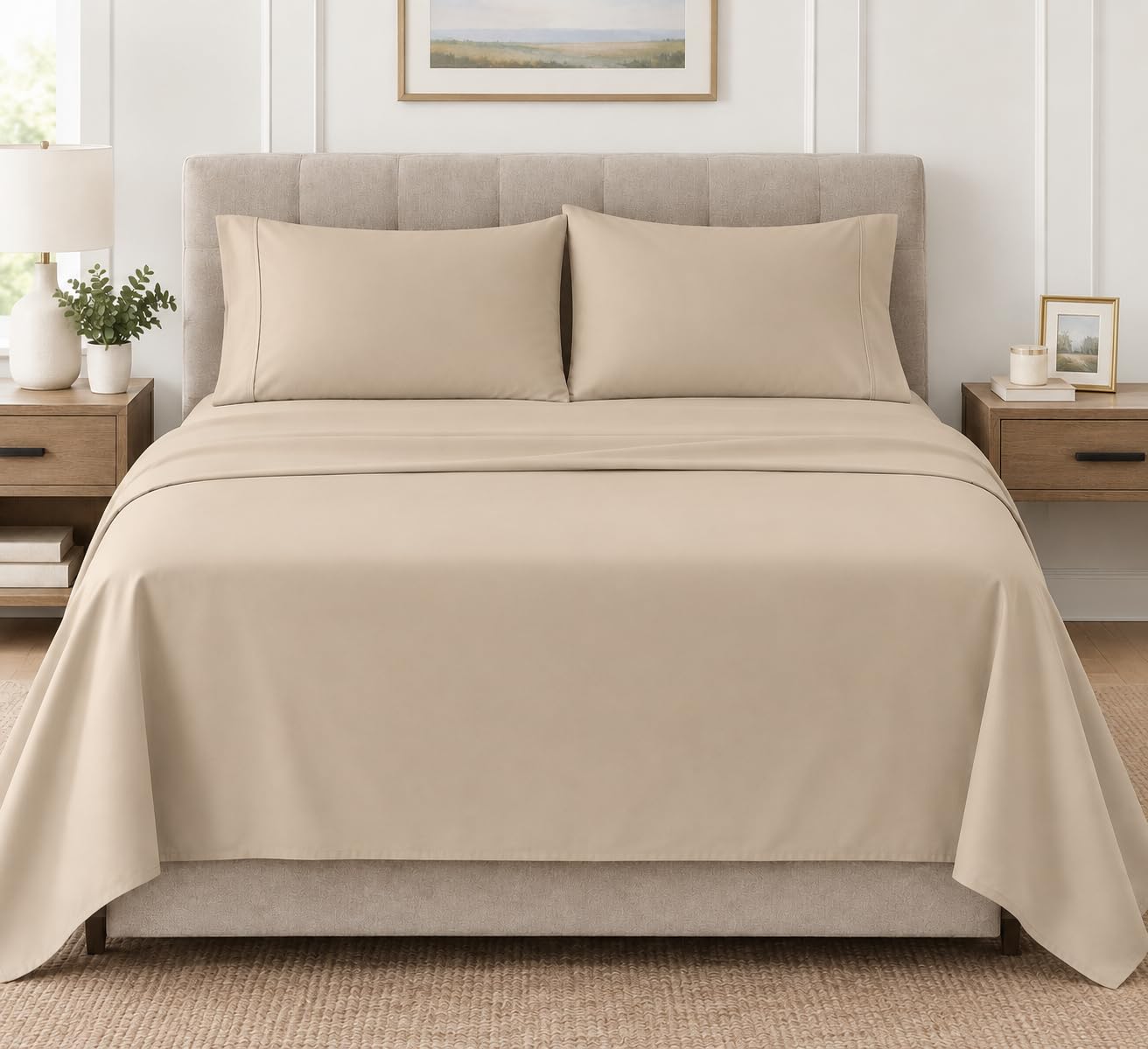 Queen Size Flat Sheet Only, Ultra Soft & Breathable Hotel Sheets, Sand