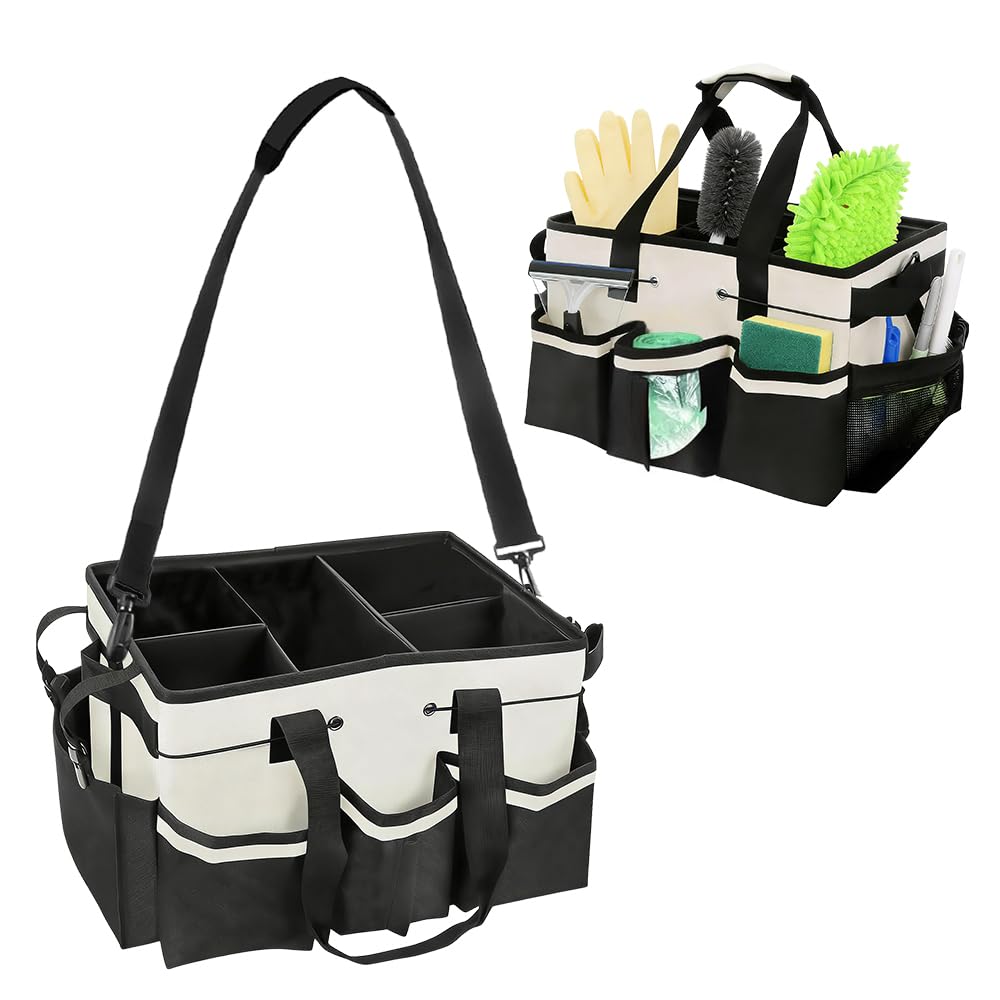 Rnpkz White Cleaning Caddy Bag, Cleaning Caddy Organiser With Handle, Adjustable Shoulder Strap & Multiple Pockets, Large Multi-Compartment Cleaning Products Organiser For Housekeeper Car Detailing (White)