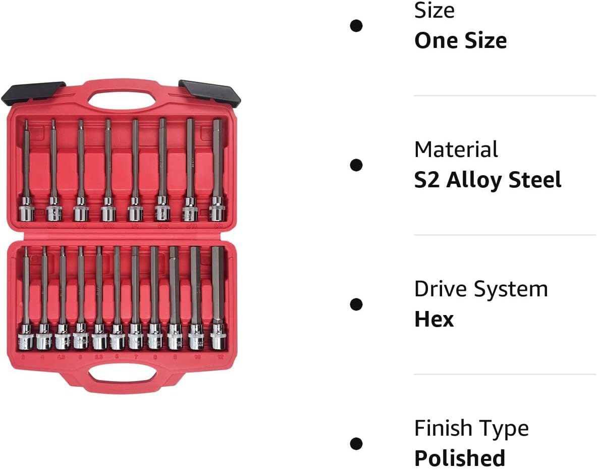 AMM 19-Piece 3/8 Inch Drive Extra Long Allen Hex Bit Socket Set, Standard SAE & Metric (1/8-Inch - 3/8-Inch, 3-12mm), S2 Alloy Steel, Durable Tool Accessories - - 