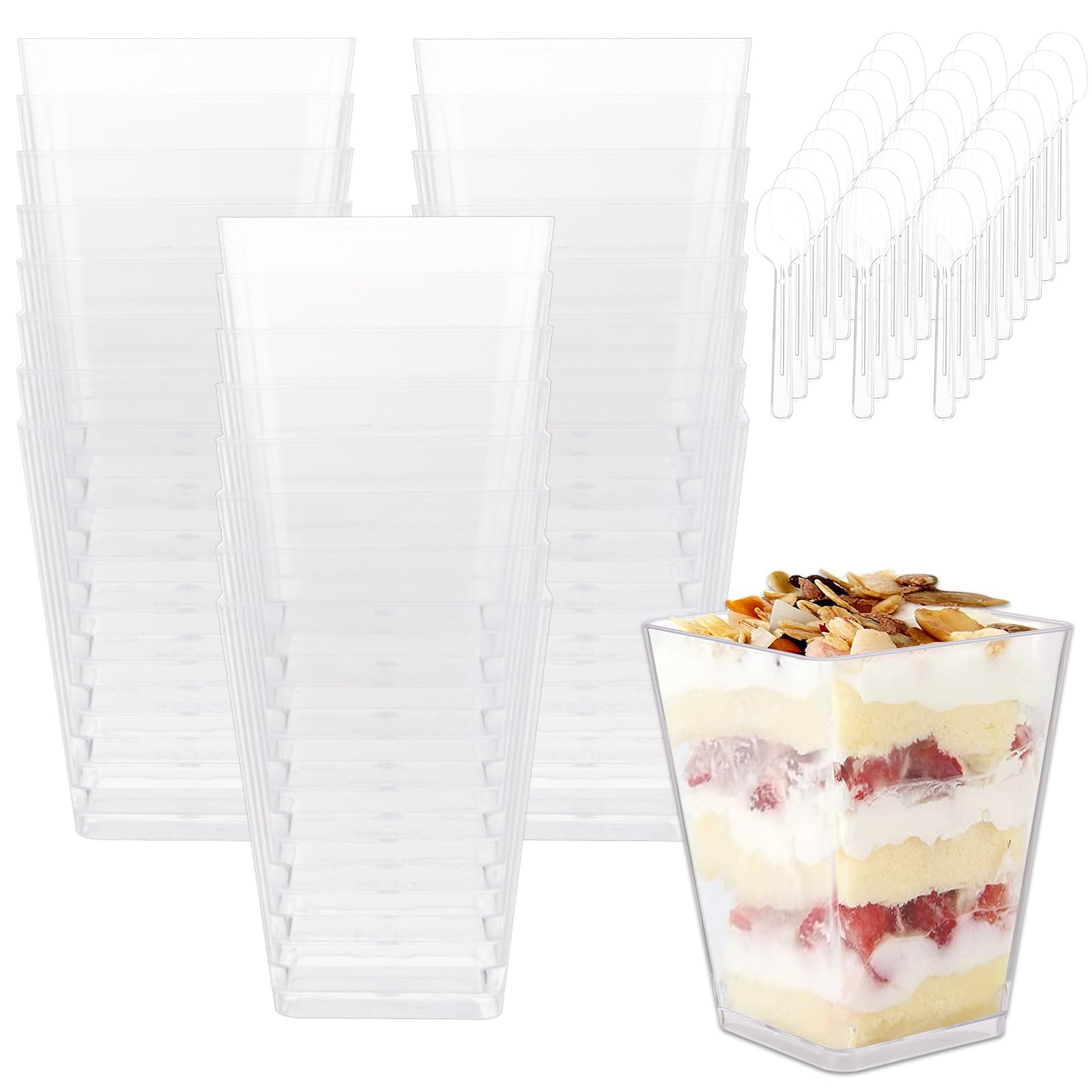 ASelected 50 pcs Dessert Cup with 50 pcs Spoons 5 OZ /160ML Dessert Glasses Plastic Dessert Glasses DIY Dessert Bowls Reusable Trapezoid Cups for Home Desserts Pudding Mousse ice Cream Party