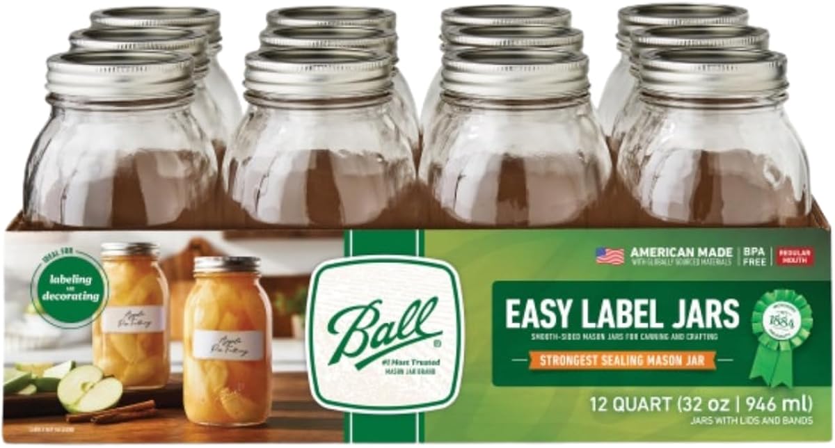 Ball Regular Mouth Easy Label Glass Mason Jars with Lids and Bands, Used for Canning, Pickling, Juice, Jam, Jelly, Quart Size 32 Ounce (Pack of 12)